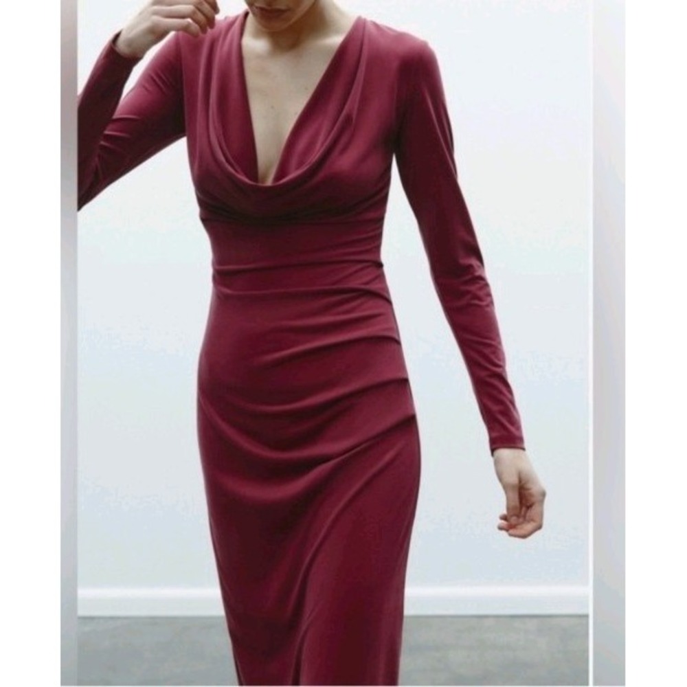 Zara Draped Long Sleeve Sueded Stretch Midi Dress Wine Size S NWOT
